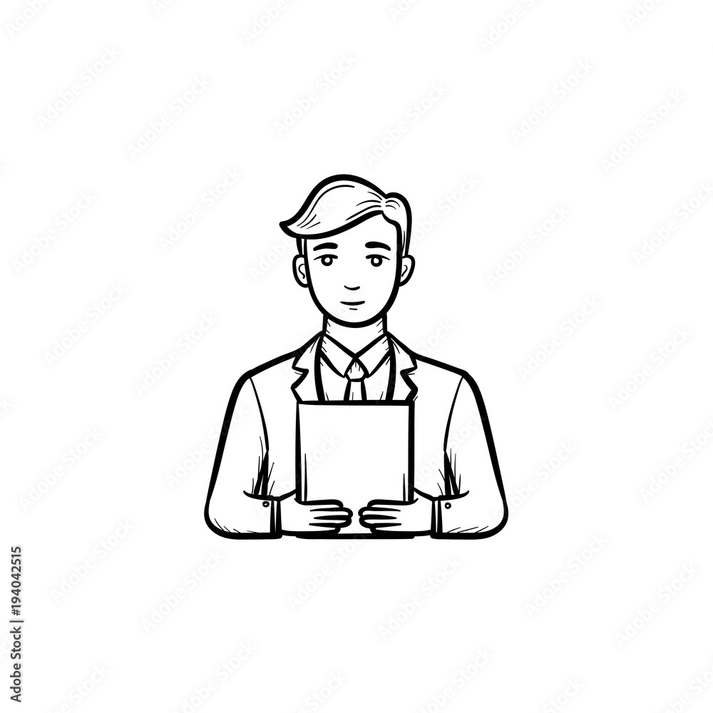 Man holding electronic tablet hand drawn outline doodle vector icon. Sketch illustration of electronic device for print, web, mobile and infographics isolated on white background.
