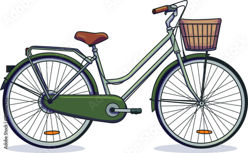 Vector illustration of a green bicycle. Bike with a basket.