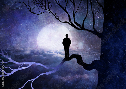 Uomo tra rami di albero che guarda la luna e le stelle dell'universo photo