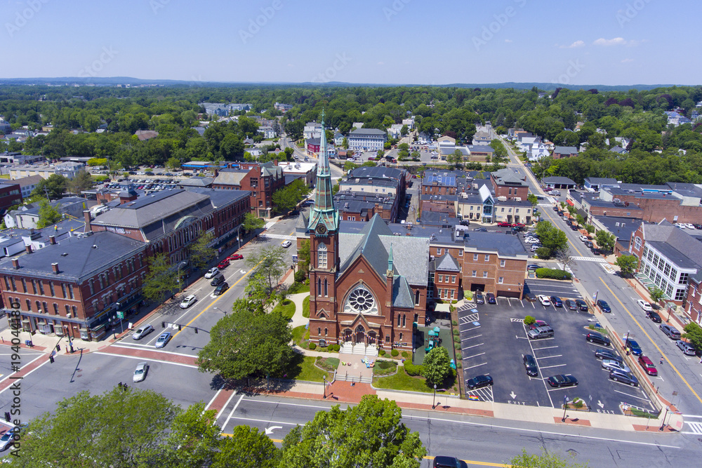 Natick First Congregational Church, Town Hall and Common aerial view in