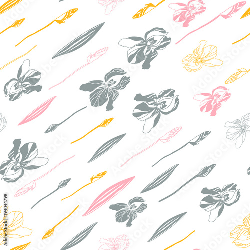 Big iris flowers . Floral vector seamless pattern with hand drawn  flowers and leaves.