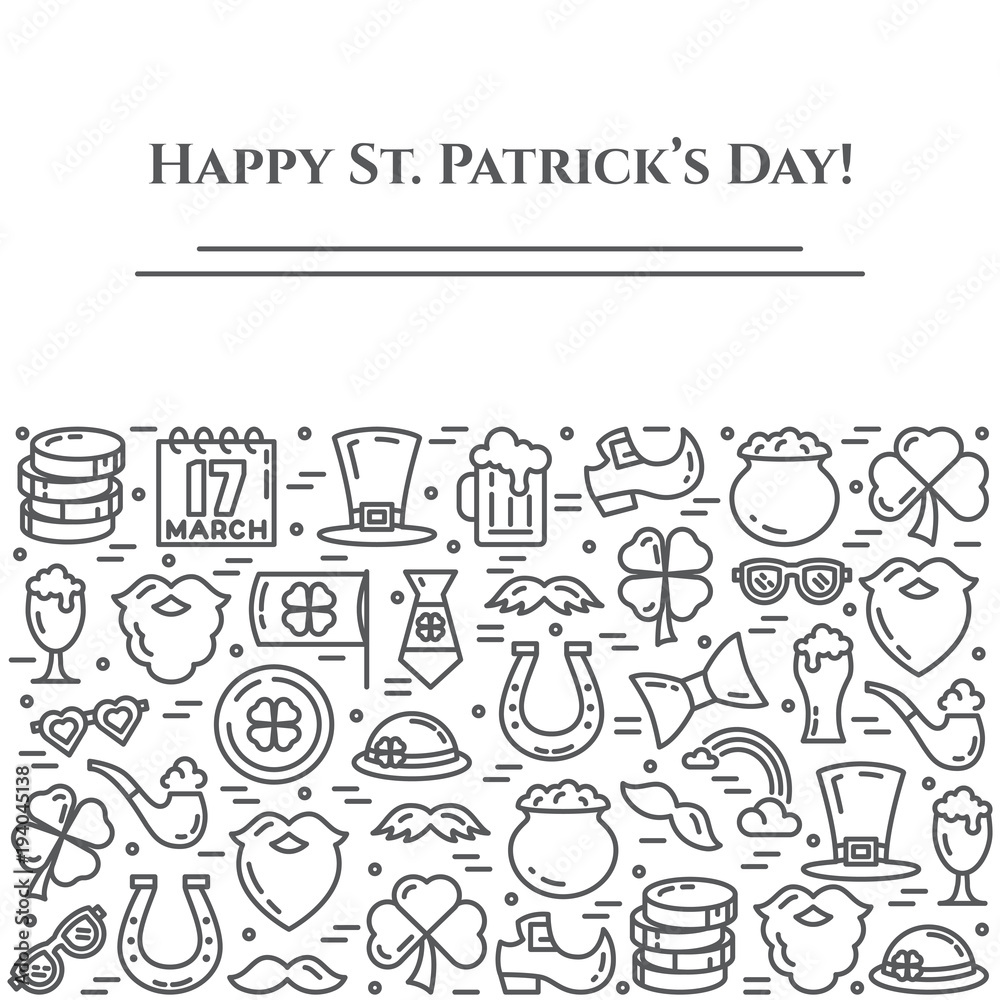 St. Patrick's Day theme black and white banner. Pictograms of shamrock, leprechaun hat, gold and other holiday related pictograms. Line out. Simple silhouette. Editable stroke. Vector illustration