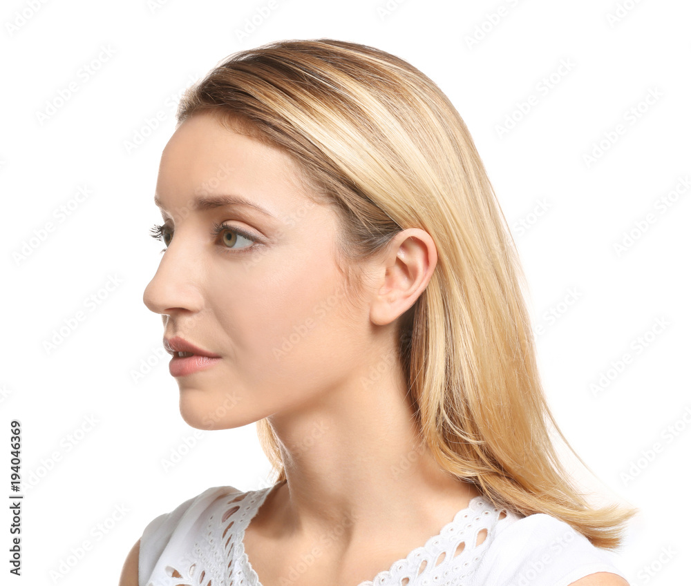 Young woman on white background. Hearing problem Young woman on white background. Hearing problem