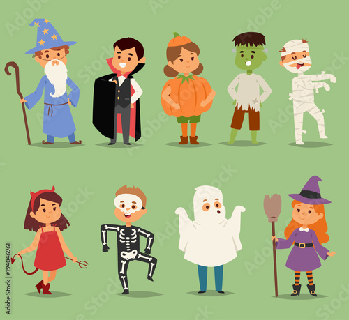 Cartoon cute kids wearing Halloween costumes vector characters. Little child people Halloween dracula, witch, ghost, zombie kids costume. Childhood fun cartoon boys and girls costume