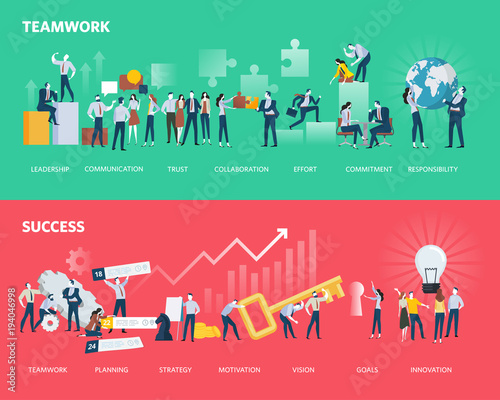 Flat design style web banners of teamwork and success. Vector illustration concepts for business workflow and success, project management, team building.