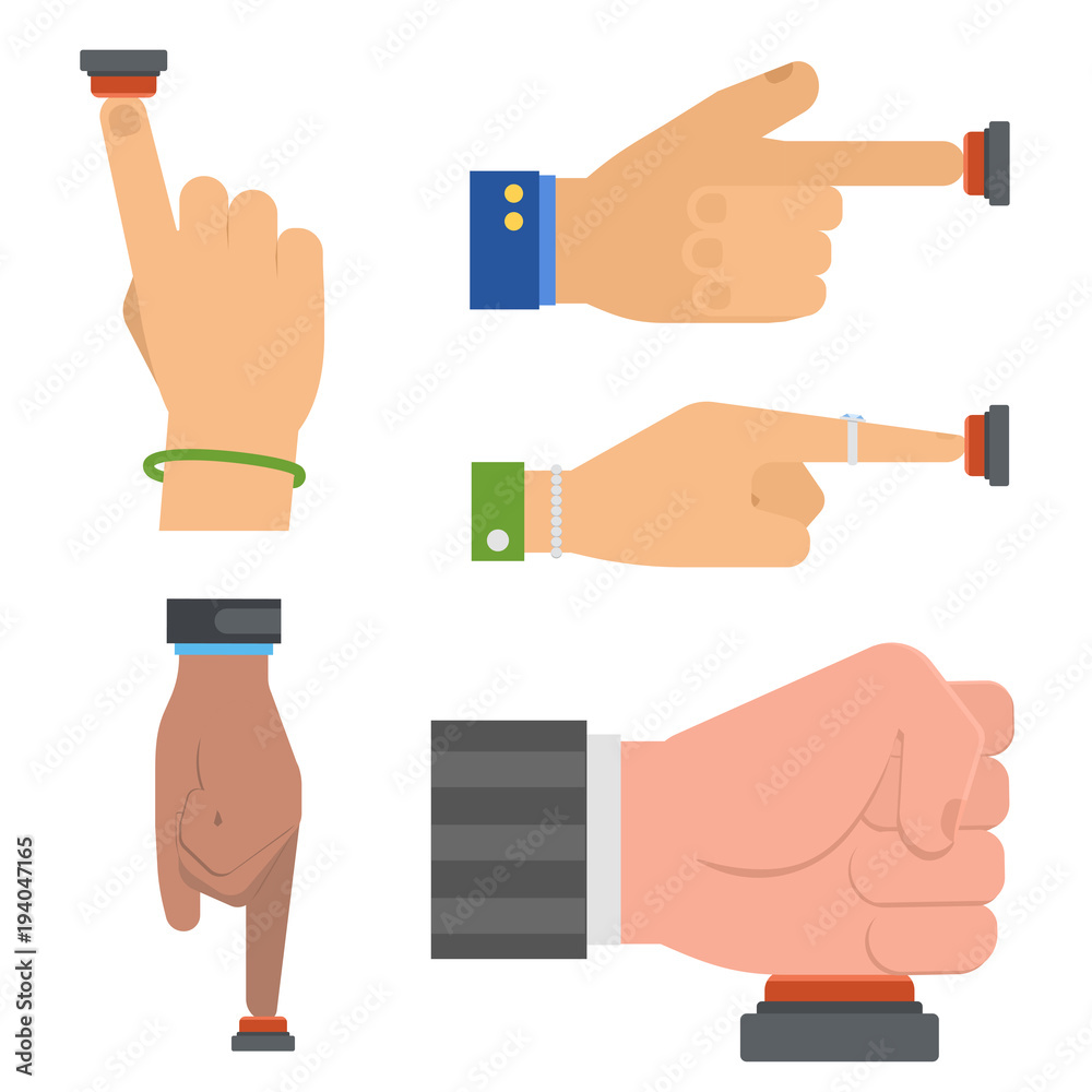 Hand press red button vector finger control start up arm push pointer cursor target gesture internet human body part illustration. Hand press red button vector finger control start up arm push pointer cursor target gesture internet human body part illustration.