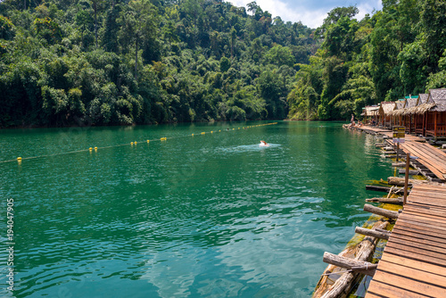 Raft houses for adventure trip on the Cheow Lan Lake in the national park Khao Sok in Thailand