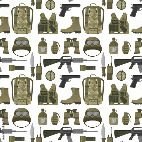 Military weapon guns armor forces american fighter ammunition camouflage seamless pattern background vector illustration.