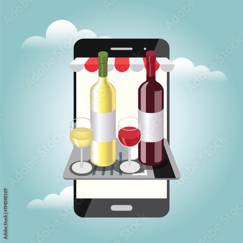 Online shopfront. Isometric food delivering. Looking for bar or dinner. Mobile searching. Bar or wine shop. Red and white wine with glasses. Online payments by credit card