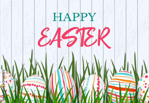 Happy Easter. Easter colorful eggs in row with different simple colorful ornaments. white wooden scandinavian