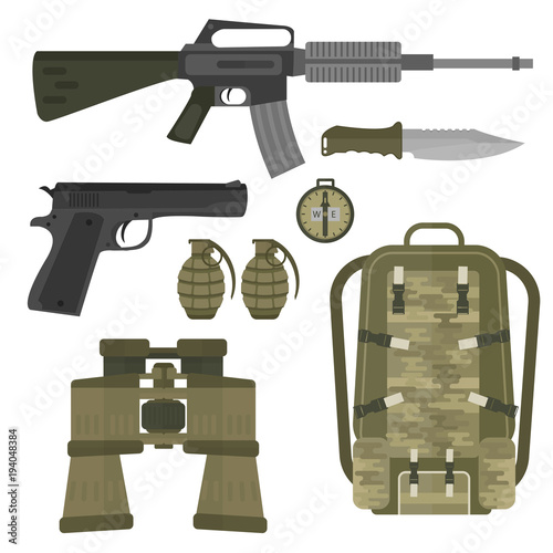 Military weapon guns armor forces american fighter ammunition camouflage sign vector illustration.