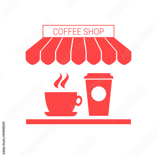 Coffee Shop  Cafe Single Flat Vector Icon. Striped Awning and Signboard