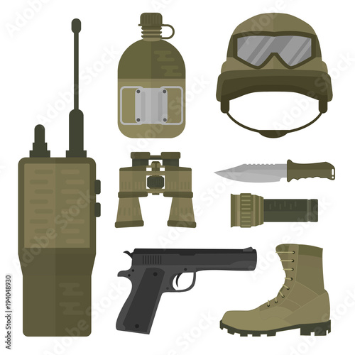 Military weapon guns armor forces american fighter ammunition camouflage sign vector illustration.