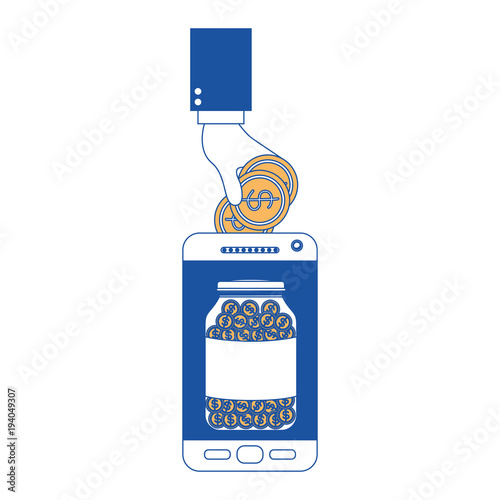 smartphone with hand saver online vector illustration design
