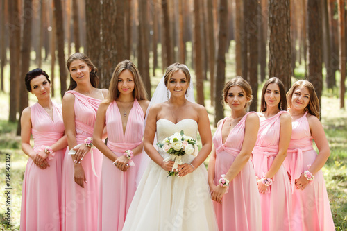 Group portrait of bride in white bridal dress and bridesmaids in pink dresses. Stylish and luxury wedding. Marriage concept