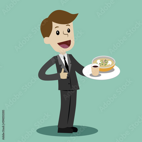 Businessman drinking coffee with soup, during the break - vector illustration