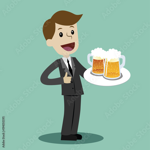 Businessman or manager hold glasses with beer after work day. Vector, illustration, flat