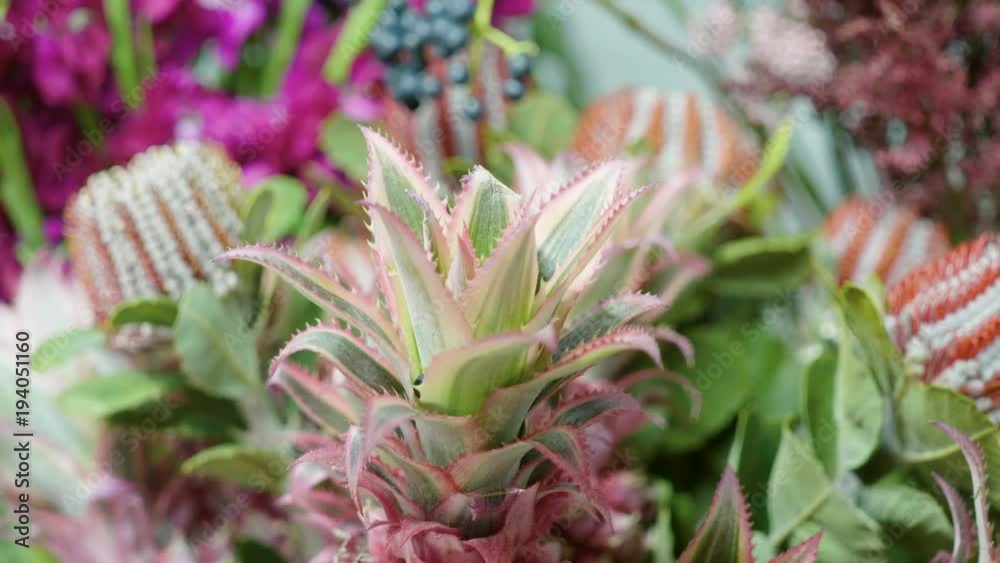 Close-up of small decorative pineapples are being prepared for flower arranging in bouquets. 4K Close-up of small decorative pineapples are being prepared for flower arranging in bouquets. 4K