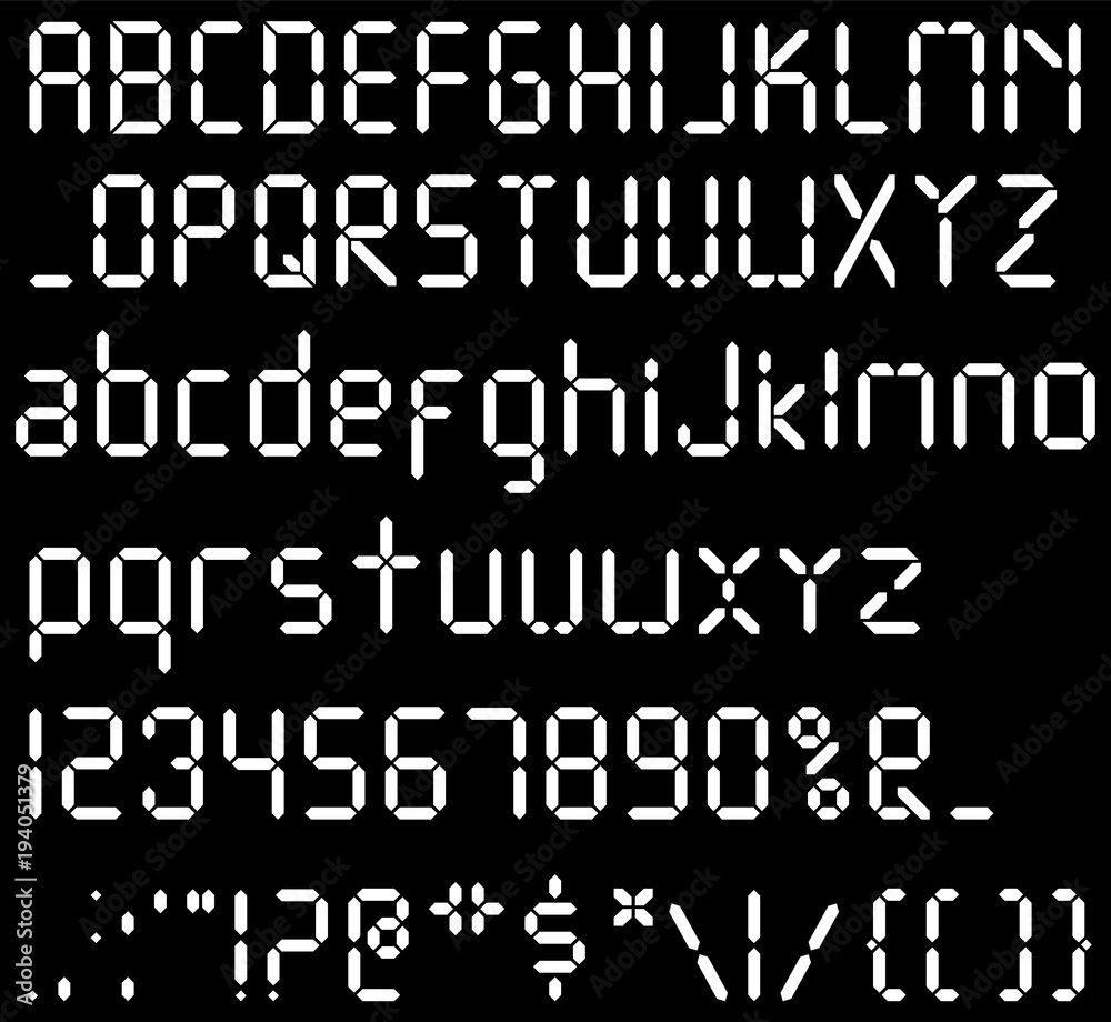 Digital font. Alarm clock letters. Numbers and letters set for a