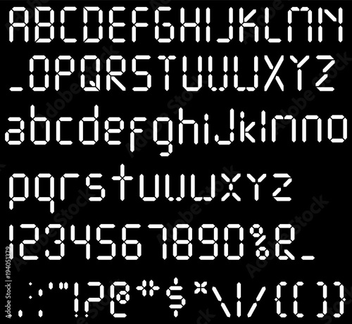 Digital font. Alarm clock letters. Numbers and letters set for a digital watch and other electronic devices. Vector alphabet isolated