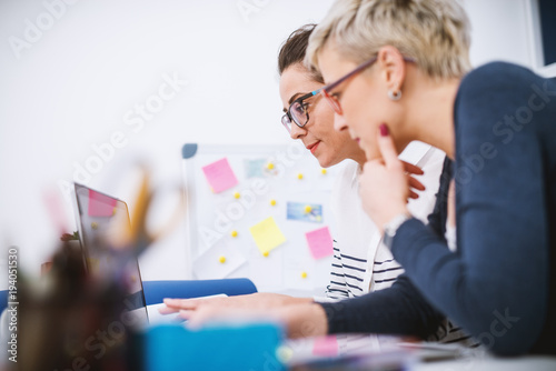 Portrait of professional middle aged women working together on projects in the office. photo