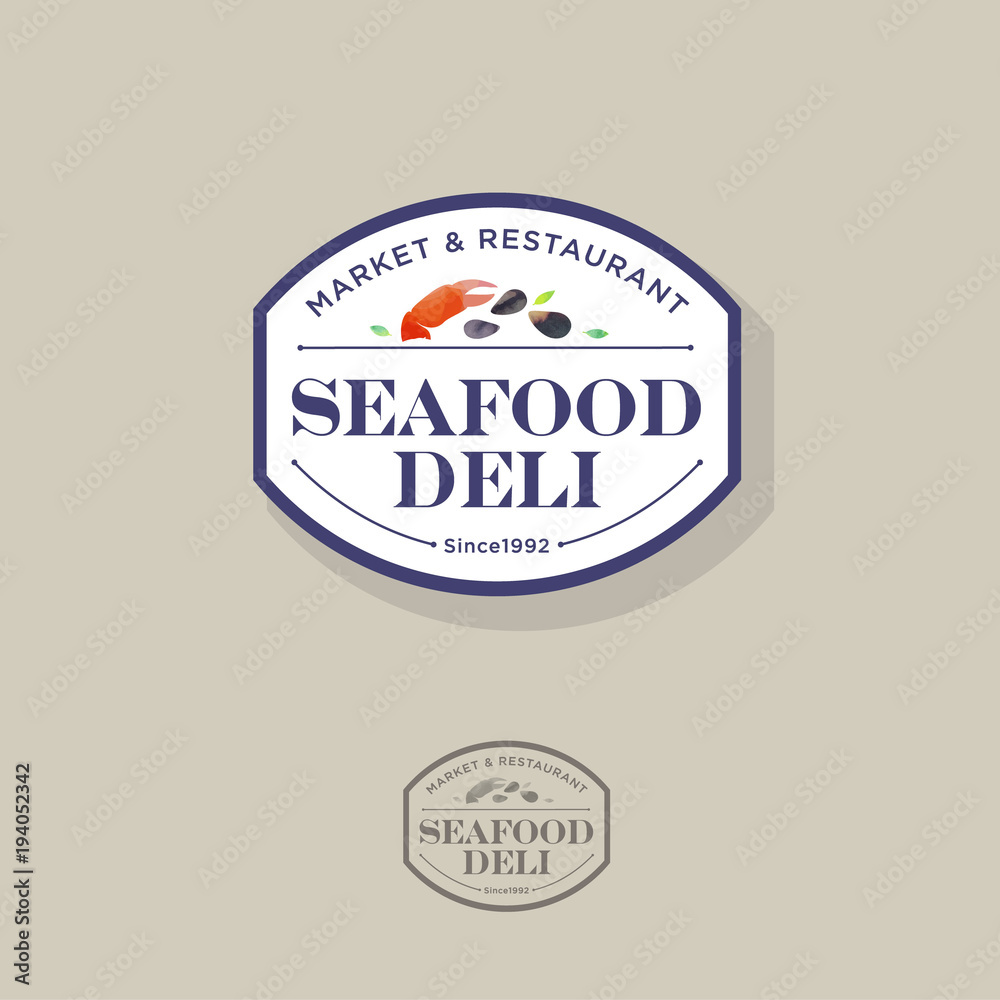 Seafood restaurant and market logo. Red crab claw and shells watercolor illustration emblem. Seafood restaurant and market logo. Red crab claw and shells watercolor illustration emblem.