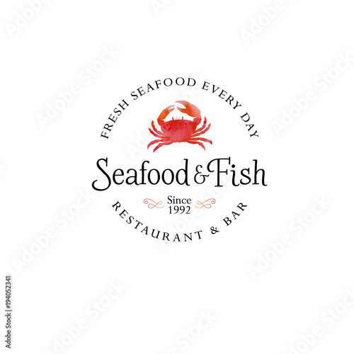 Seafood restaurant logo. Red crab silhouette emblem. 