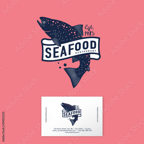 Fish and seafood logo. Seafood restaurant. Salmon and ribbon with letters. Identity, business card.