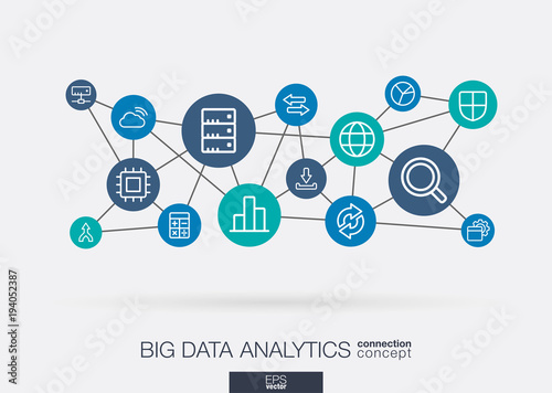 Bigdata integrated thin line web icons. Digital neural network interact concept. Connected graphic design polygons and circles system. Abstract background for big data center, research, analysis