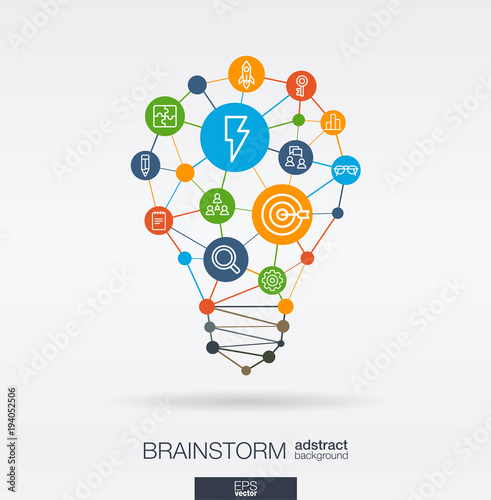 Brainstorm integrated thin line icons. Idea, solution in light bulb shape. Digital network concept. Connected polygonal and circles system. Imagination, team work, creative think vector abstract