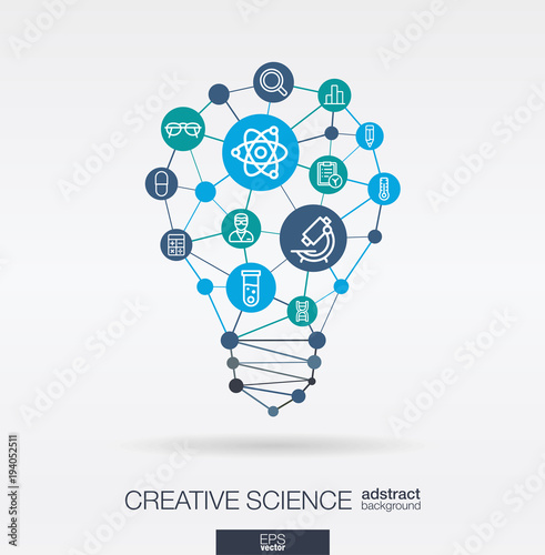 Science integrated thin line web icons. Idea, solution in light bulb shape. Digital network concept. Connected polygons and circles system. Laboratory research, innovation abstract background. Vector