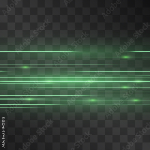 Laser glow vector scintillation. Green motion light effect blinking flares on transparent background. Light energy stream illustration for modern hi-tech design. Power flow of high speed particles