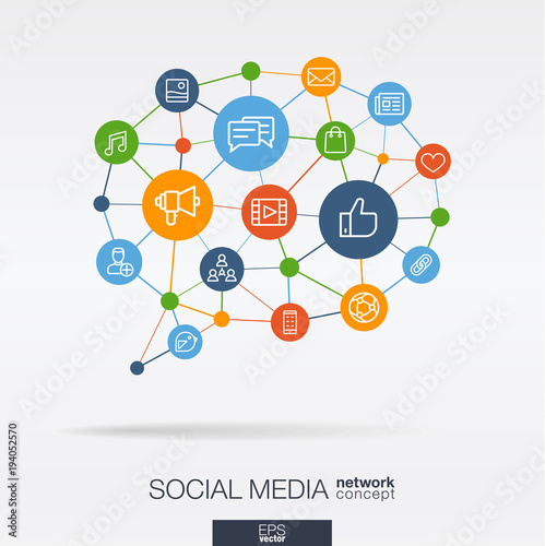Social Media integrated thin line web icons in speech bubble message shape. Digital neural network concept. Connected polygons system. Background for market service, communicate and share. Vector