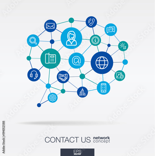 Support integrated thin line web icons in speech bubble message shape. Digital neural network concept. Connected polygons system. Background for call center, help service, contact us . Vector