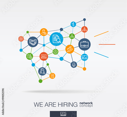 We are hiring, integrated thin line web icon in megaphone message shape. Digital neural network interact concept. Connected polygon system. Vector abstract Job search background professional team work