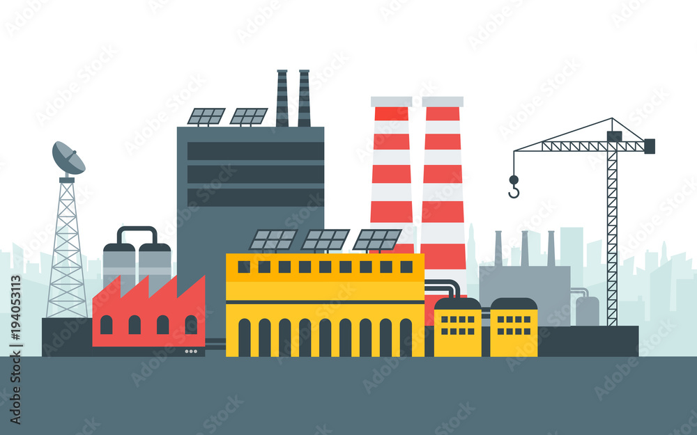Obraz premium Modern ecological factory with solar panels energy. City landscape, ecological concept. Vector illustration in flat style, design template