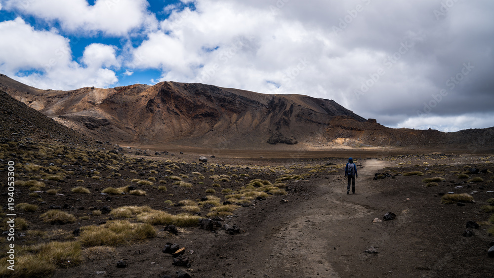 Panorama of hiker walking along Tongariro Crossing Panorama of hiker walking along Tongariro Crossing
