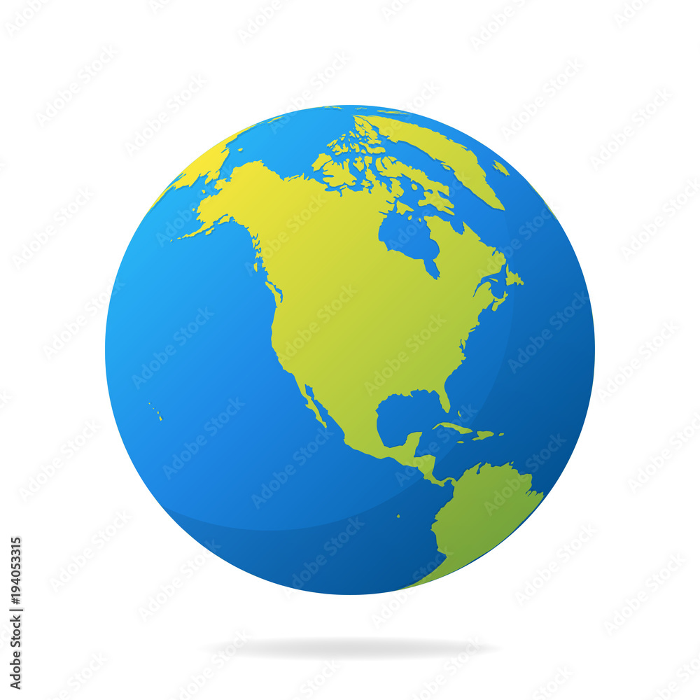 Earth globe with green continents. Modern 3d world map concept. World map realistic blue ball vector illustration Earth globe with green continents. Modern 3d world map concept. World map realistic blue ball vector illustration