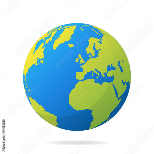Earth globe with green continents. Modern 3d world map concept. World map realistic blue ball vector illustration