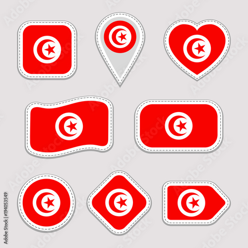 Tunisia flags stickers set. Vector collection of Tunisian national flags. Modern isolated icons with shadows. Traditional colors. Vector illustration. Web, sports, travel and geographics designs