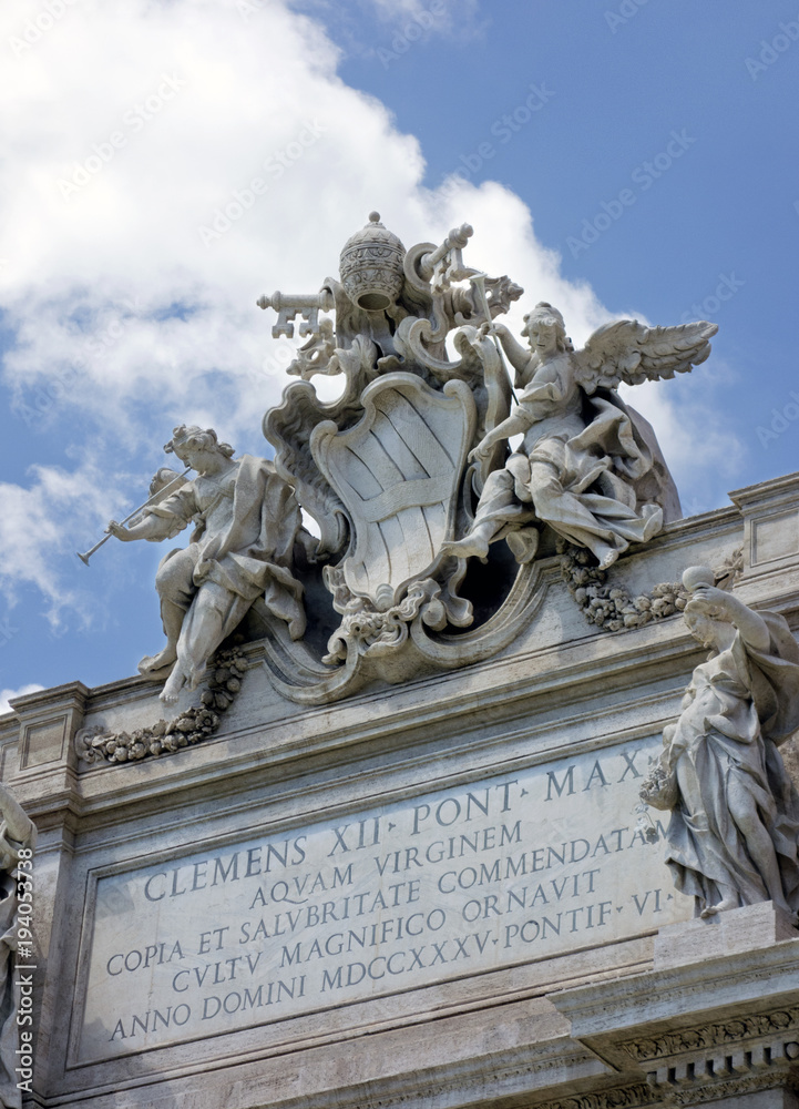 Statuary atop the Dukes of Poli's building in the Trevi Fountain, Rome, 2017. Statuary atop the Dukes of Poli's building in the Trevi Fountain, Rome, 2017.