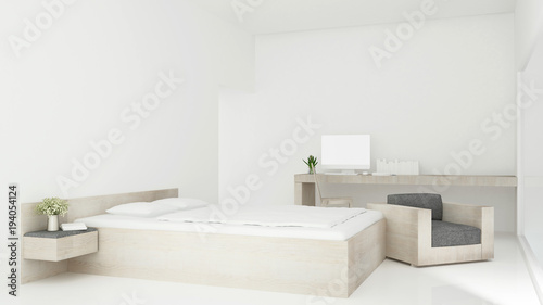 Bedroom and living area in hotel or condominium simple design - Bedroom and workplace in apartment or hotel  - 3D Rendering