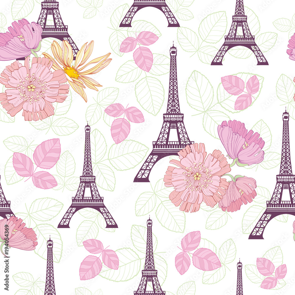 Vector Spring Purple Pink Eifel Tower Paris and Roses Flowers Seamless Repeat Pattern Surrounded By St Valentines Day Hearts Of Love. Perfect for travel themed postcards, greeting cards, wedding