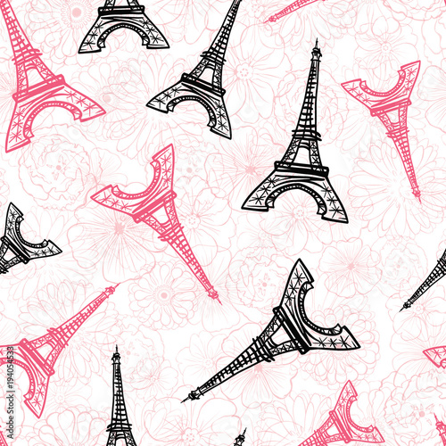Vector Black Pink Eifel Tower Paris and Roses Flowers Seamless Repeat Pattern Surrounded By St Valentines Day Hearts Of Love. Perfect for travel themed postcards, greeting cards, wedding invitations.