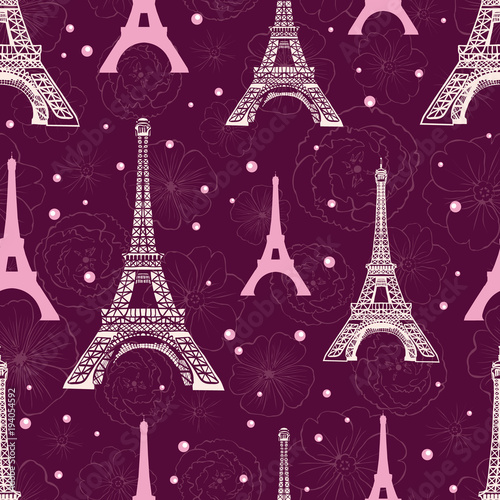 Vector Purple Pink Eifel Tower Paris and Roses Flowers Seamless Repeat Pattern Surrounded By St Valentines Day Hearts Of Love. Perfect for travel themed postcards, greeting cards, wedding invitations.