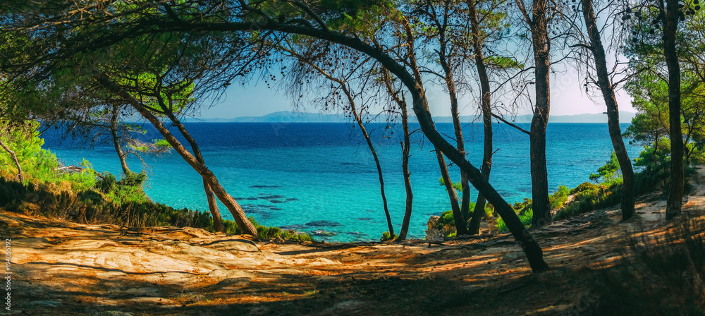 Sea coast with the beach. Portokali beach, view from the pine forest, Sithonia, peninsula Halkidiki, Greece. Summer vacations. Sea coast with the beach. Portokali beach, view from the pine forest, Sithonia, peninsula Halkidiki, Greece. Summer vacations.