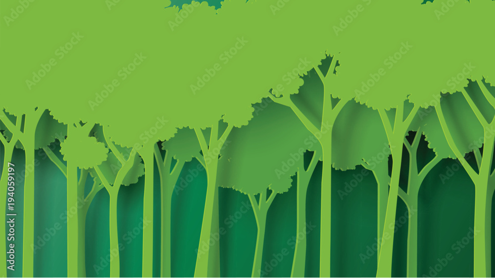 Obraz premium Eko zielony natura las tło szablon. Plantacja lasów z ekologią i ochroną środowiska kreatywny pomysł koncepcja papier styl sztuki. Ilustracja wektorowa.