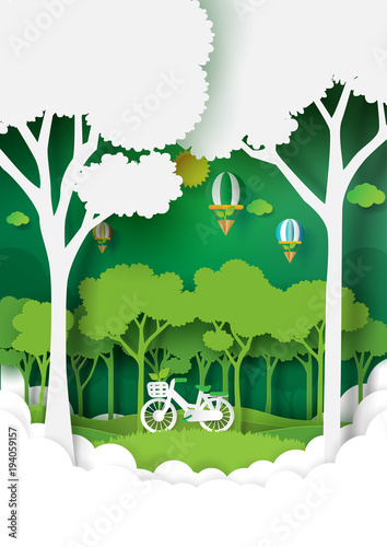 Eco and nature concept paper art style design.Forest plantation with green environment and ecology conservation concept.Vector illustration.