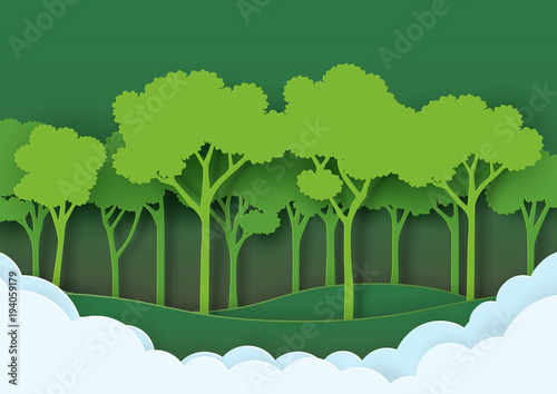 Eco green nature forest background template.Save the world with ecology and environment conservation creative idea concept paper art style.Vector illustration.