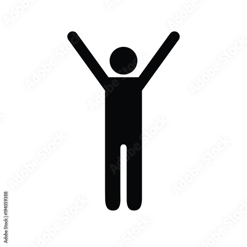 Pictogram man holding his hands up as a sign of happiness. Isolated vector on white background.